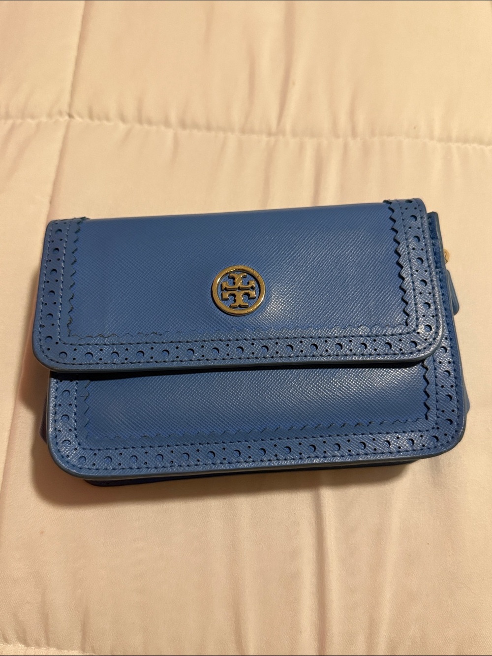 Tory Burch Blue Saffiano Leather Small Wallet with Gold Logo